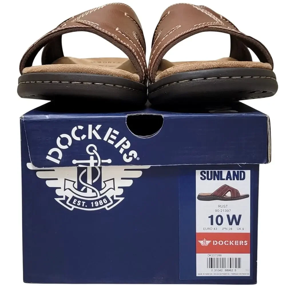 Dockers Men Size US 10W Casual Slide Sandals Sunland Rust Brown Faux Leather